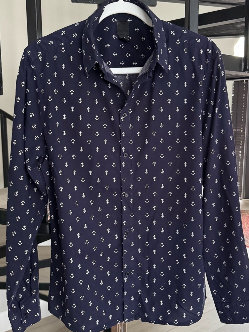 H&M Men’s Navy Blue Nautical Anchor Print Button Down Shirt